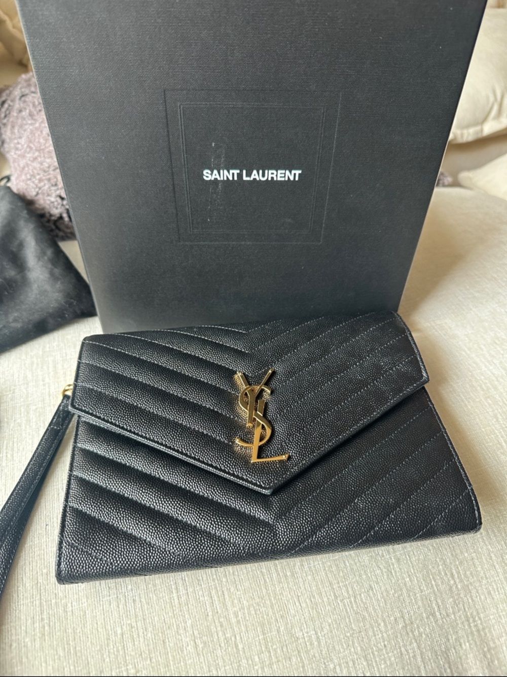 Saint Laurent Black Quilted Chevron YSL Wristlet Clutch with Gold Logo